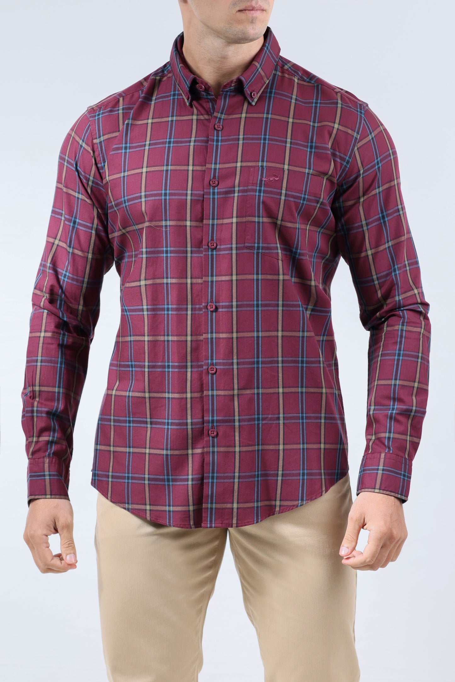 CROCODILE MEN SEMI CASUAL SLIM FIT FS SHIRT-OXBLOOD RED