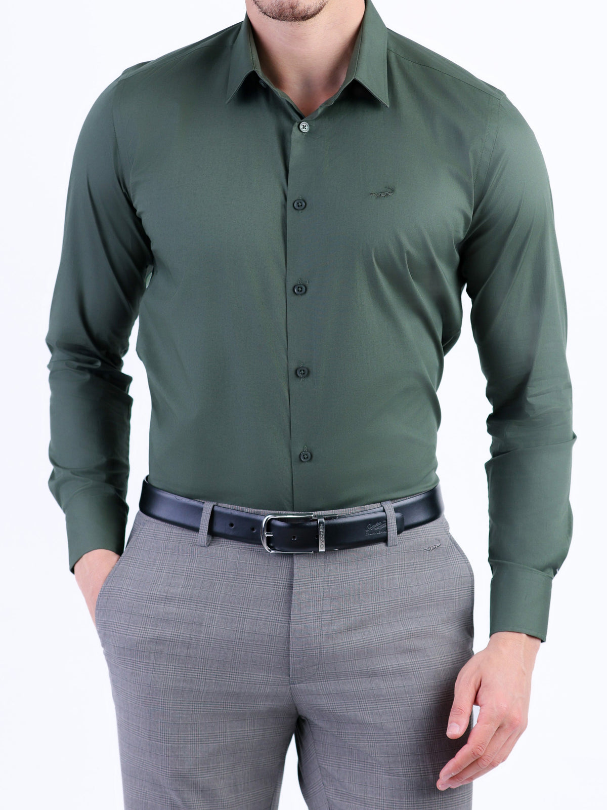 Evening Dark Plain Slim Fit Shirt - Posy Green