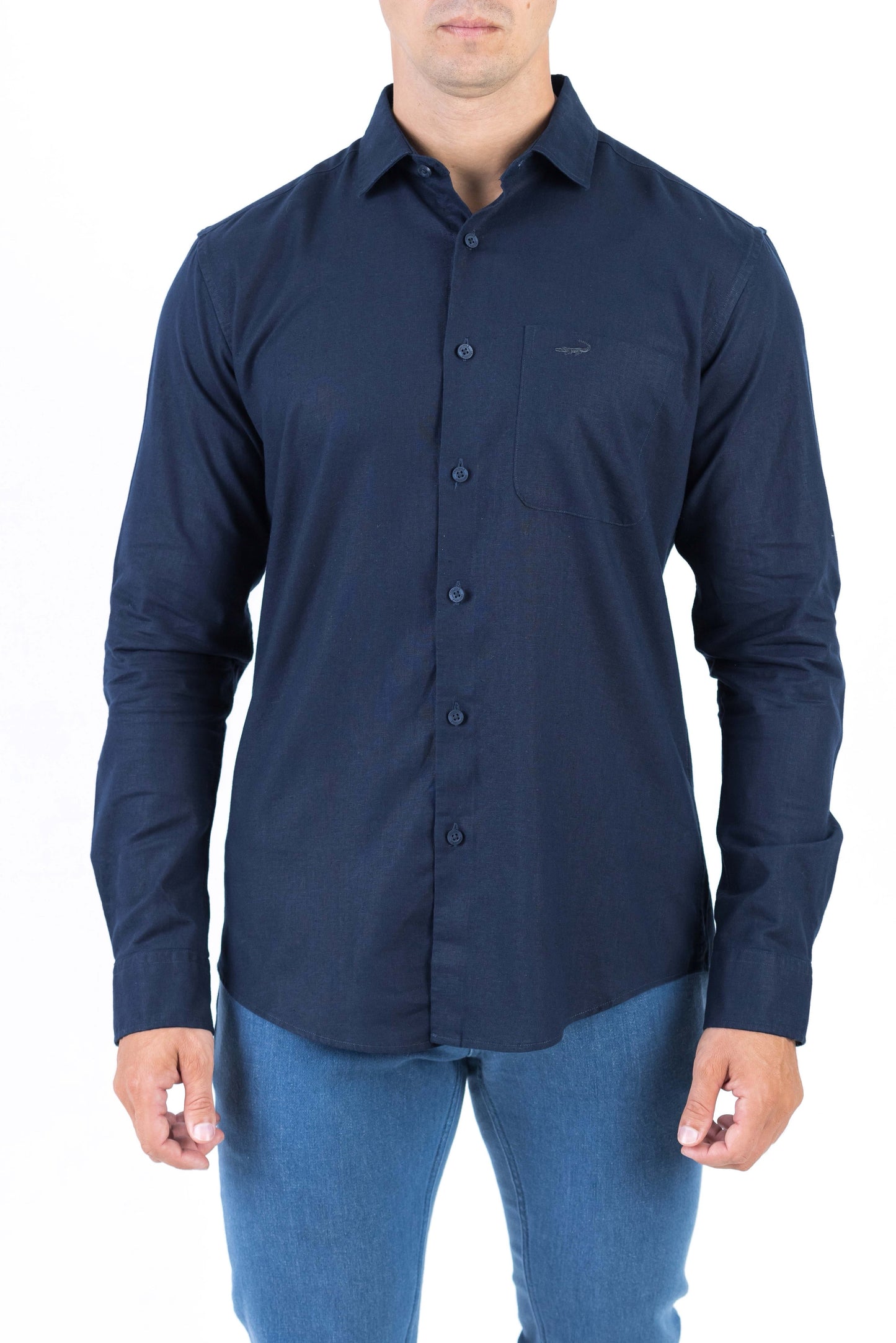 Crocodile Plain Linen  Slim Fit Shirt - Navy