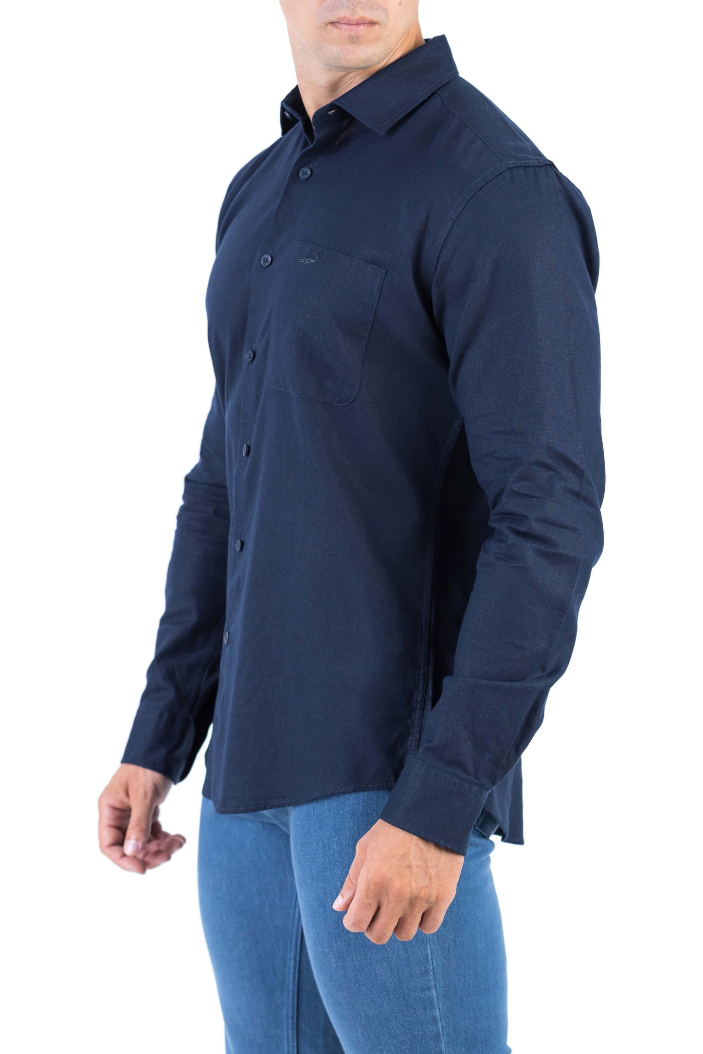 Crocodile Plain Linen  Slim Fit Shirt - Navy