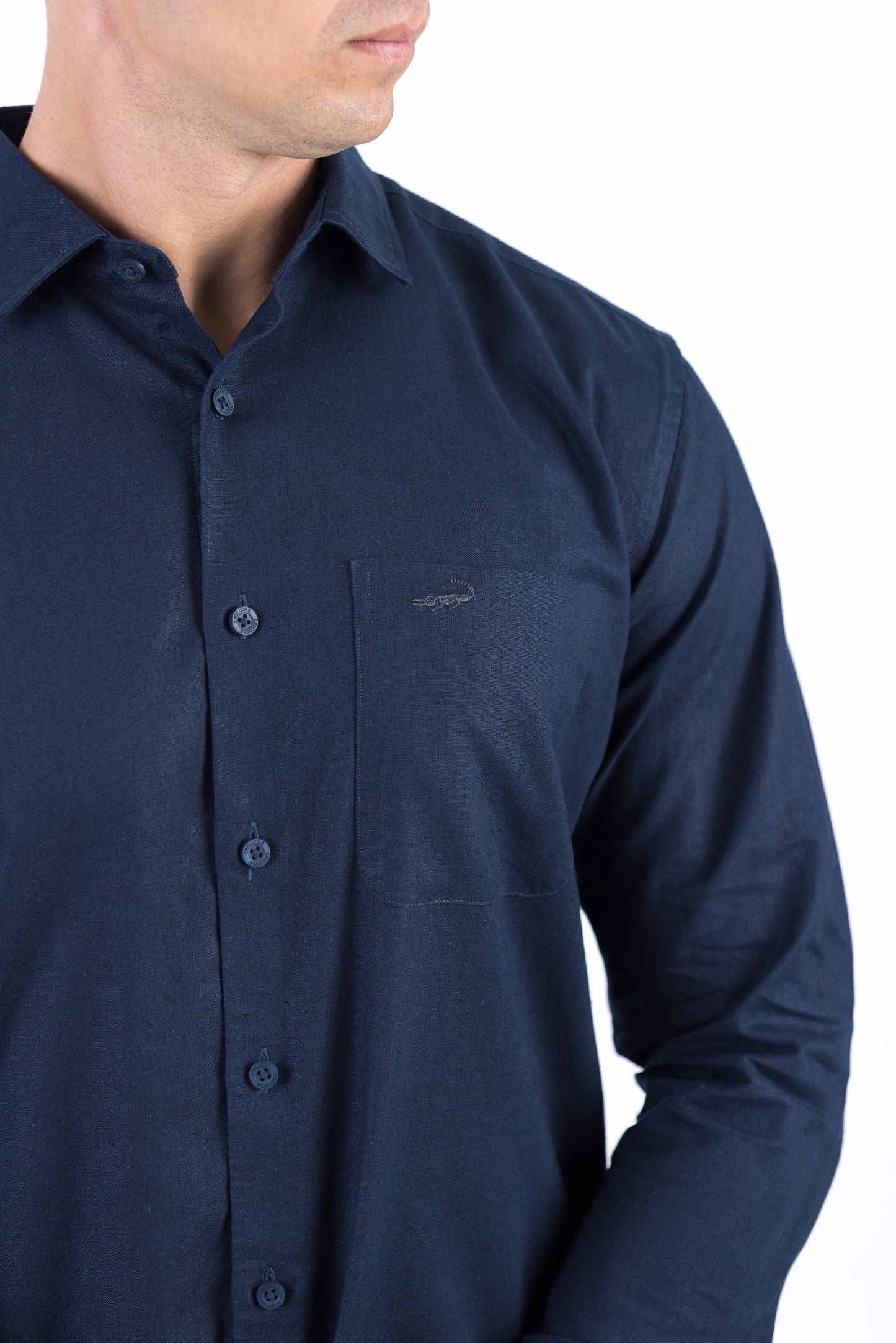 Crocodile Plain Linen  Slim Fit Shirt - Navy