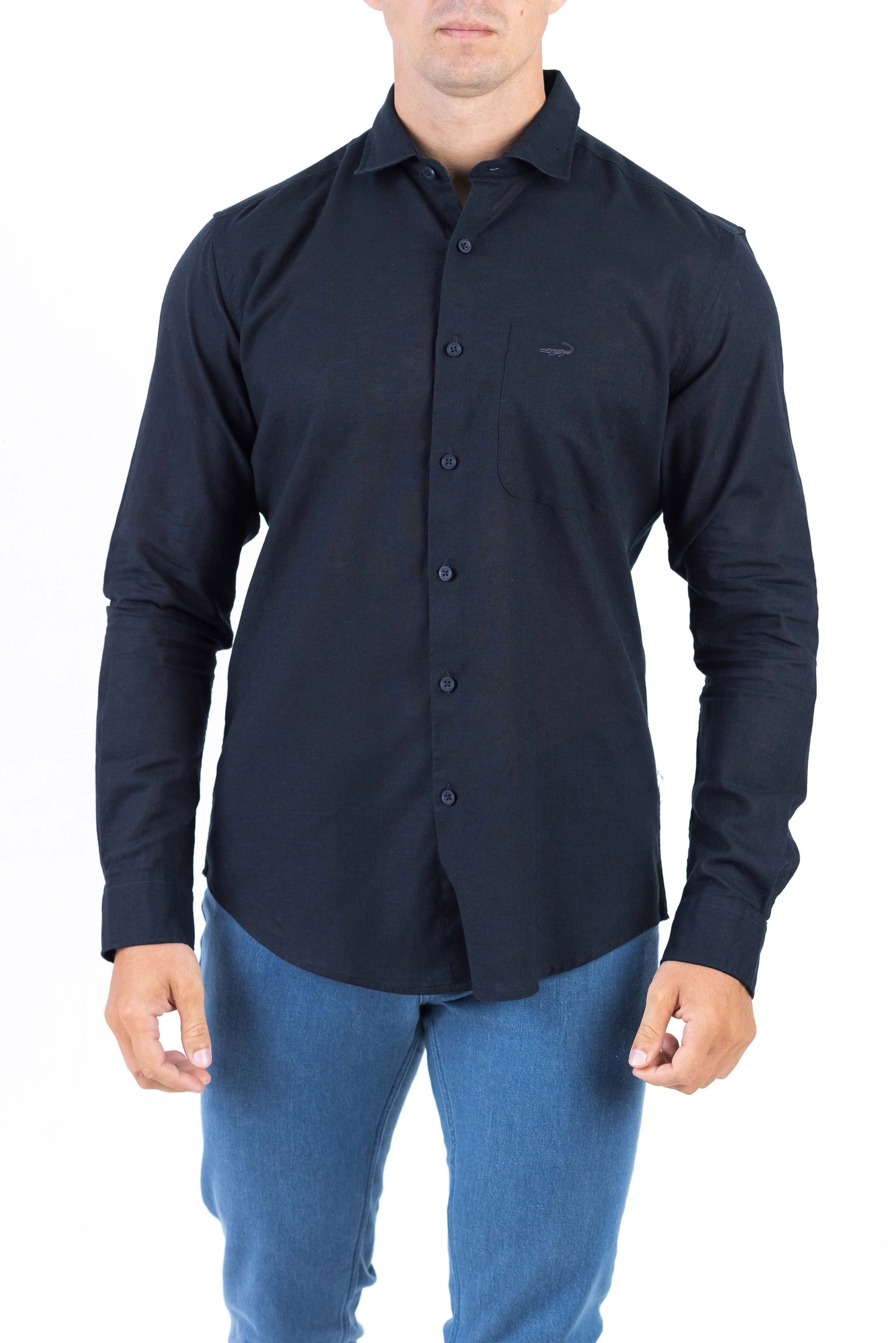 Crocodile Plain Linen  Slim Fit Shirt - Black