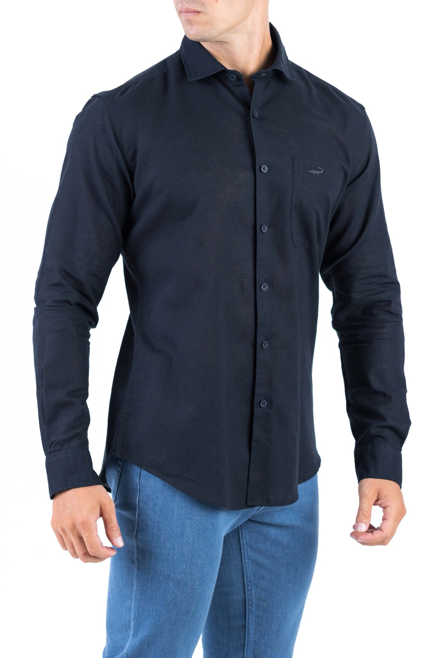 Crocodile Plain Linen  Slim Fit Shirt - Black
