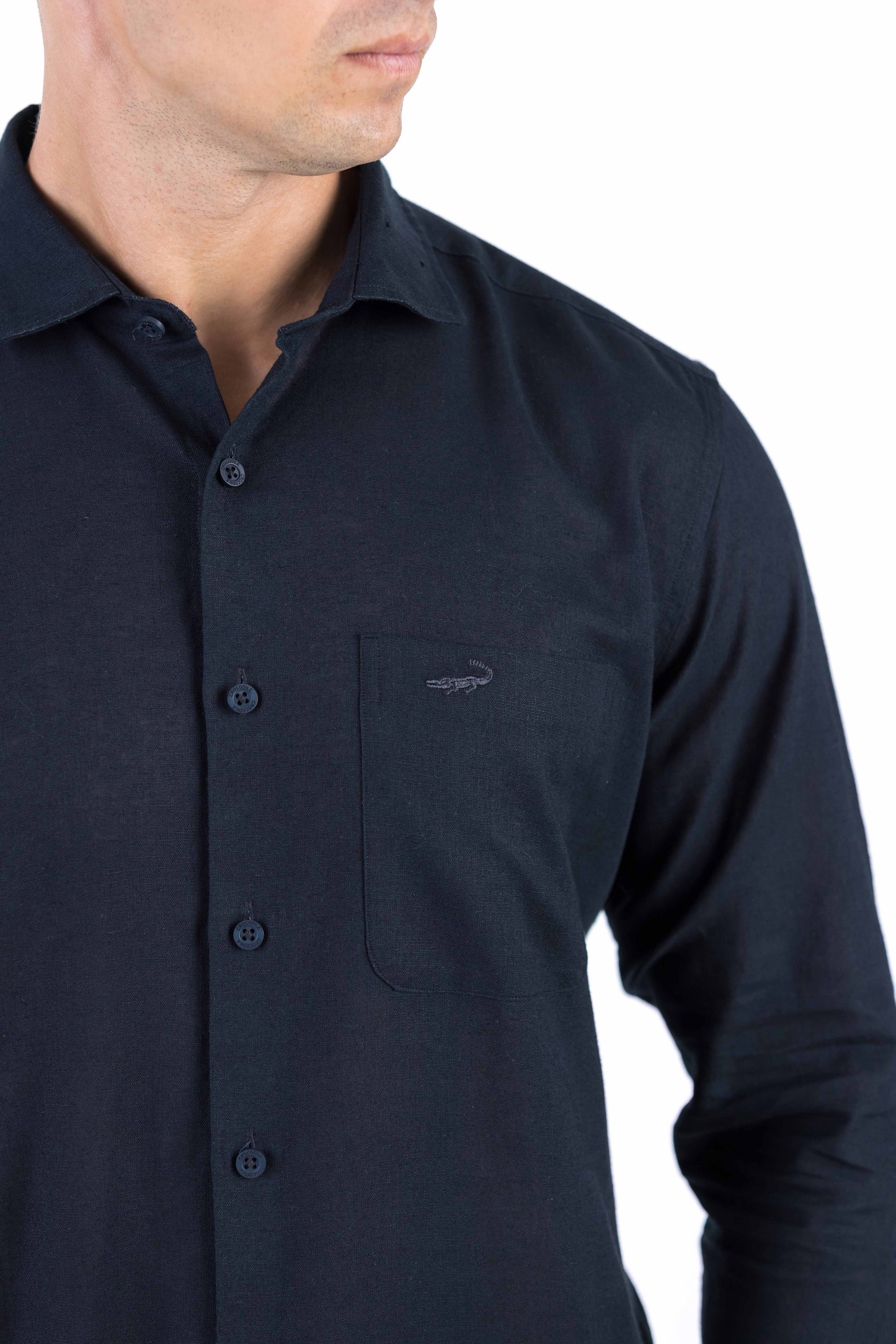 Crocodile Plain Linen  Slim Fit Shirt - Black