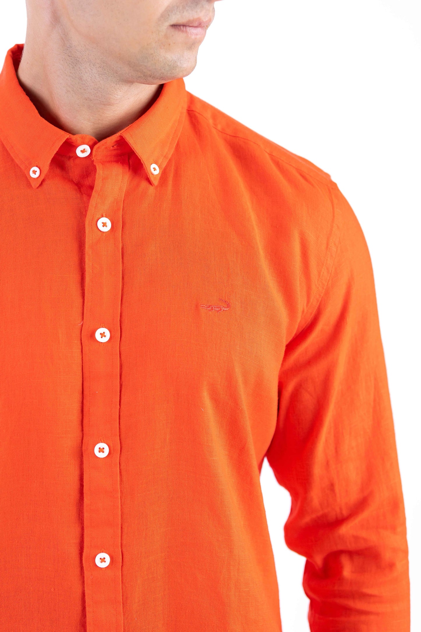 Crocodile Plain Linen  Slim Fit Shirt - Tango Red