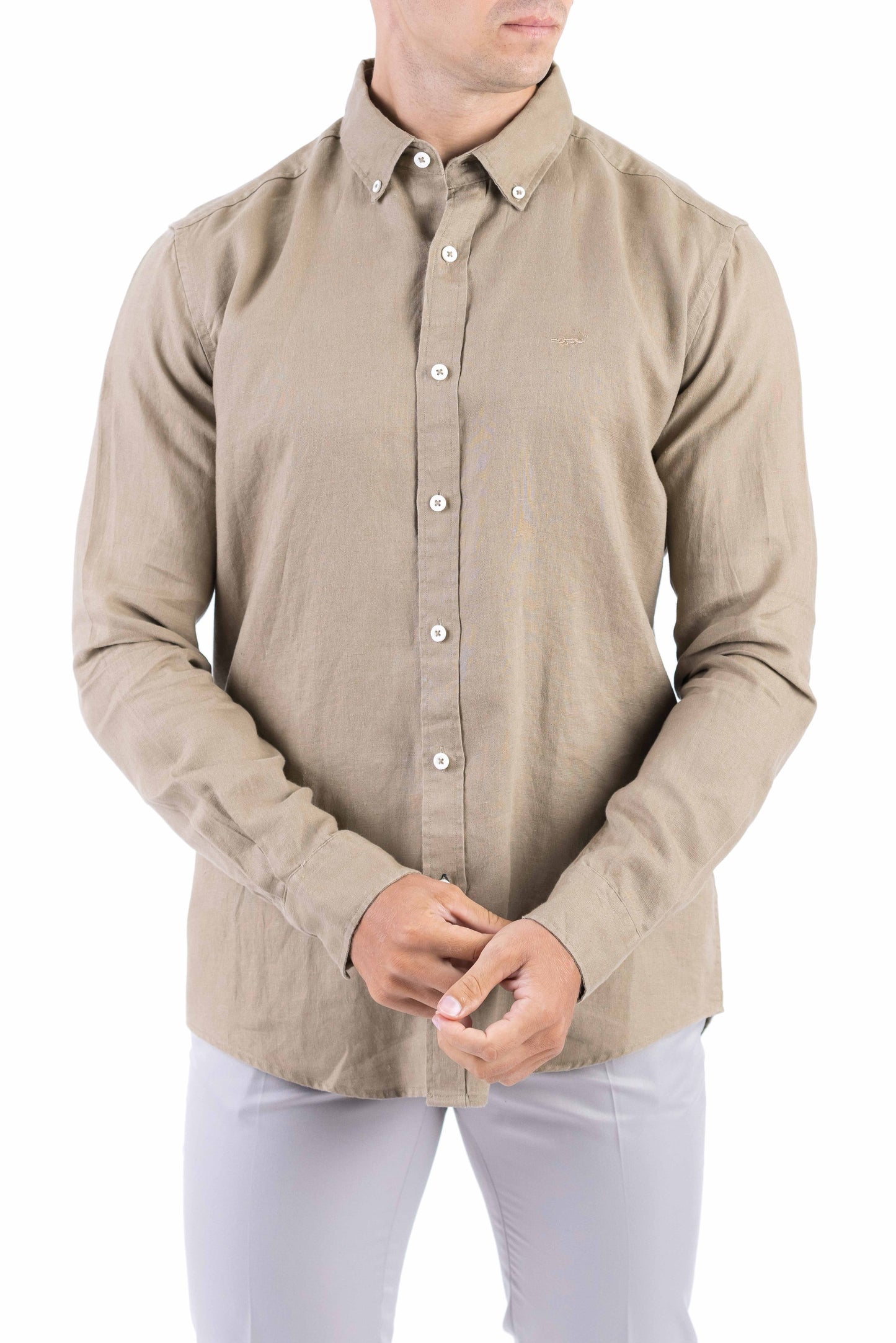Crocodile Plain Linen  Slim Fit Shirt - Olive