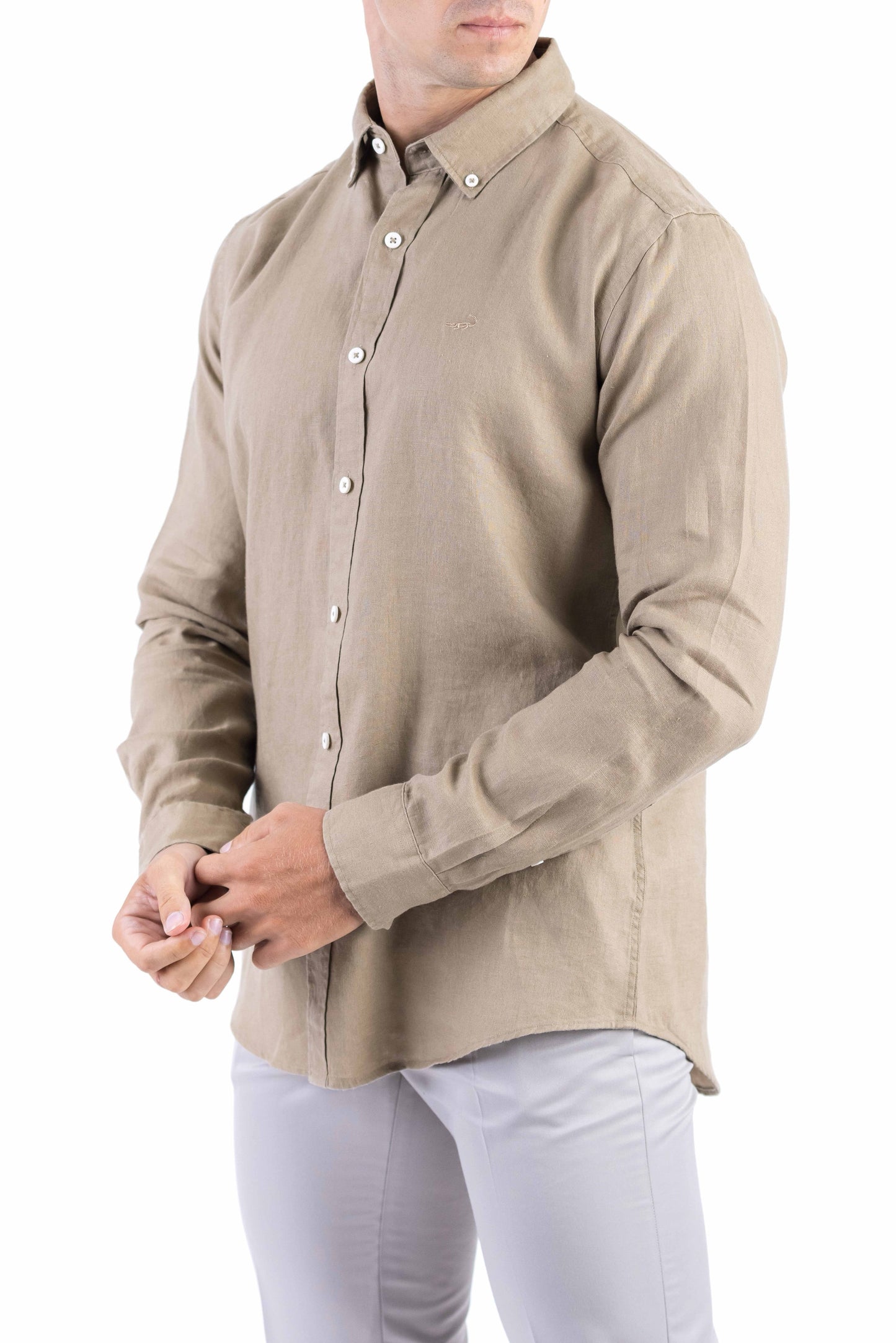 Crocodile Plain Linen  Slim Fit Shirt - Olive