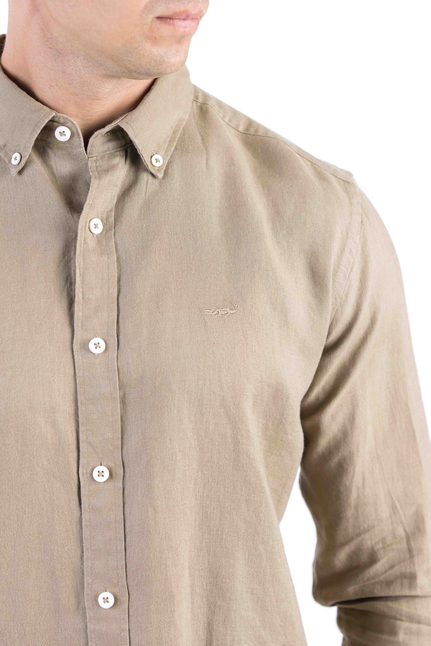 Crocodile Plain Linen  Slim Fit Shirt - Olive
