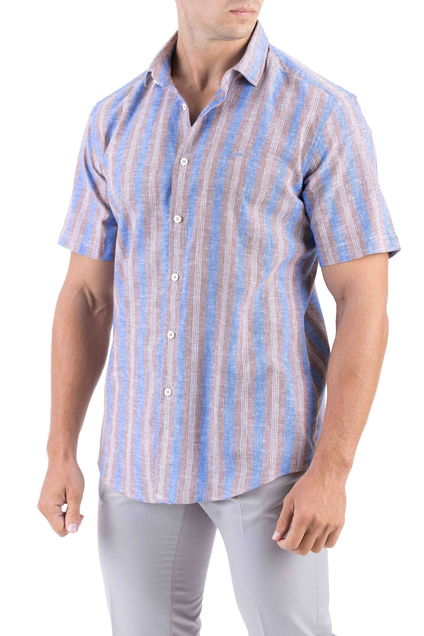 Crocodile Stripe Linen  Slim Fit Shirt - Chocolate Truffel