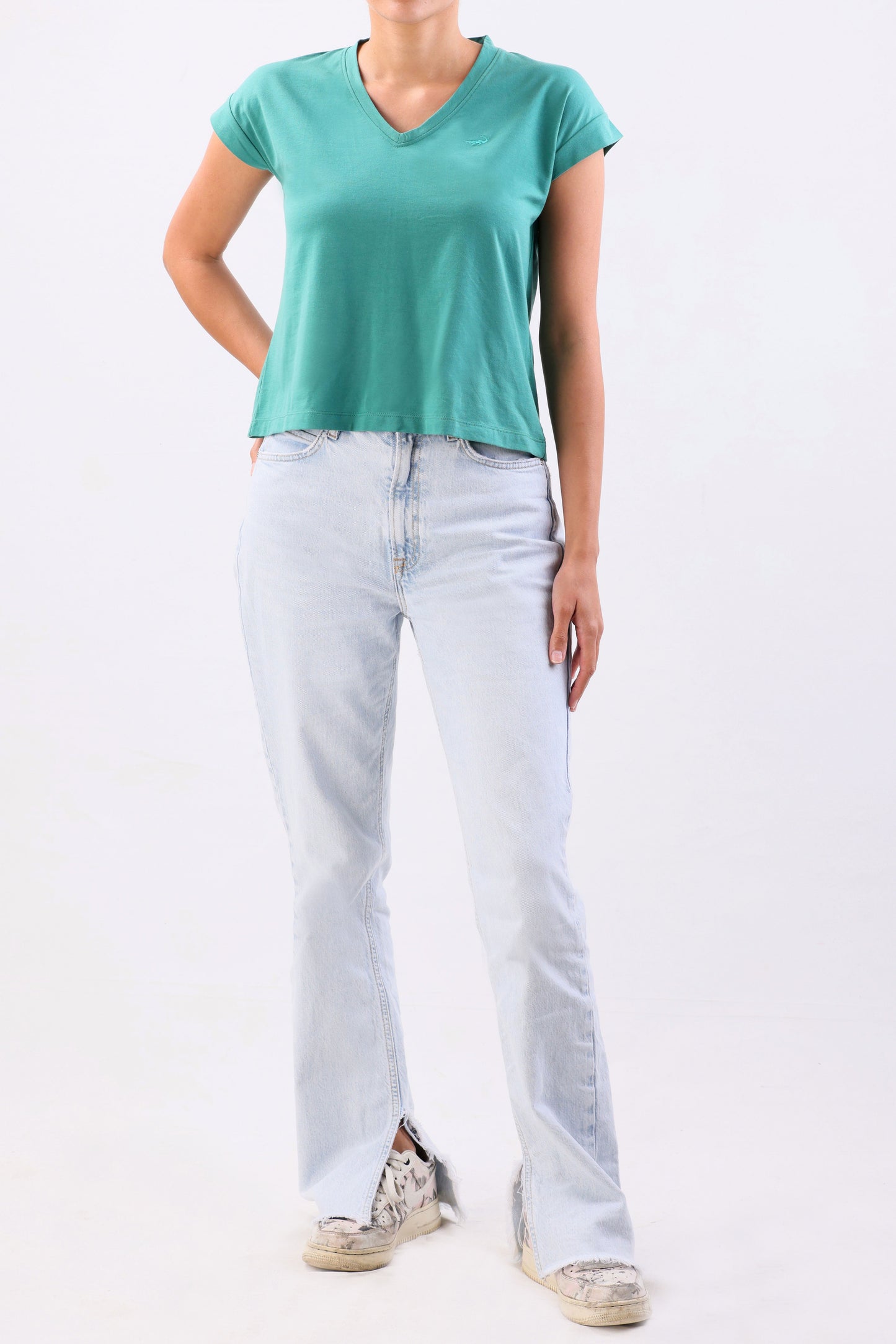 Crocodile Single Jersey V Neck Top-Dynasty Green