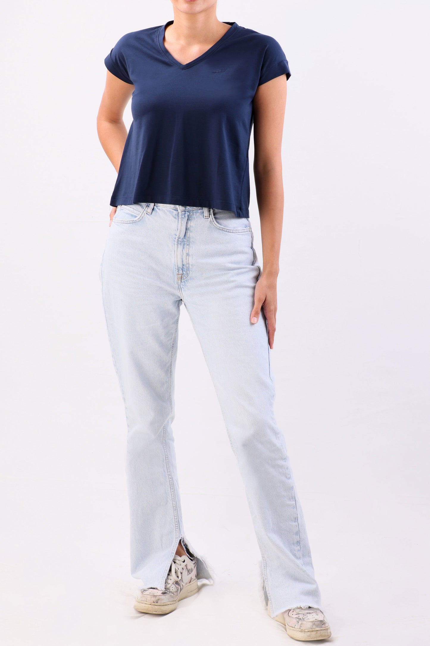Crocodile Single Jersey V Neck Top-Blue Depths