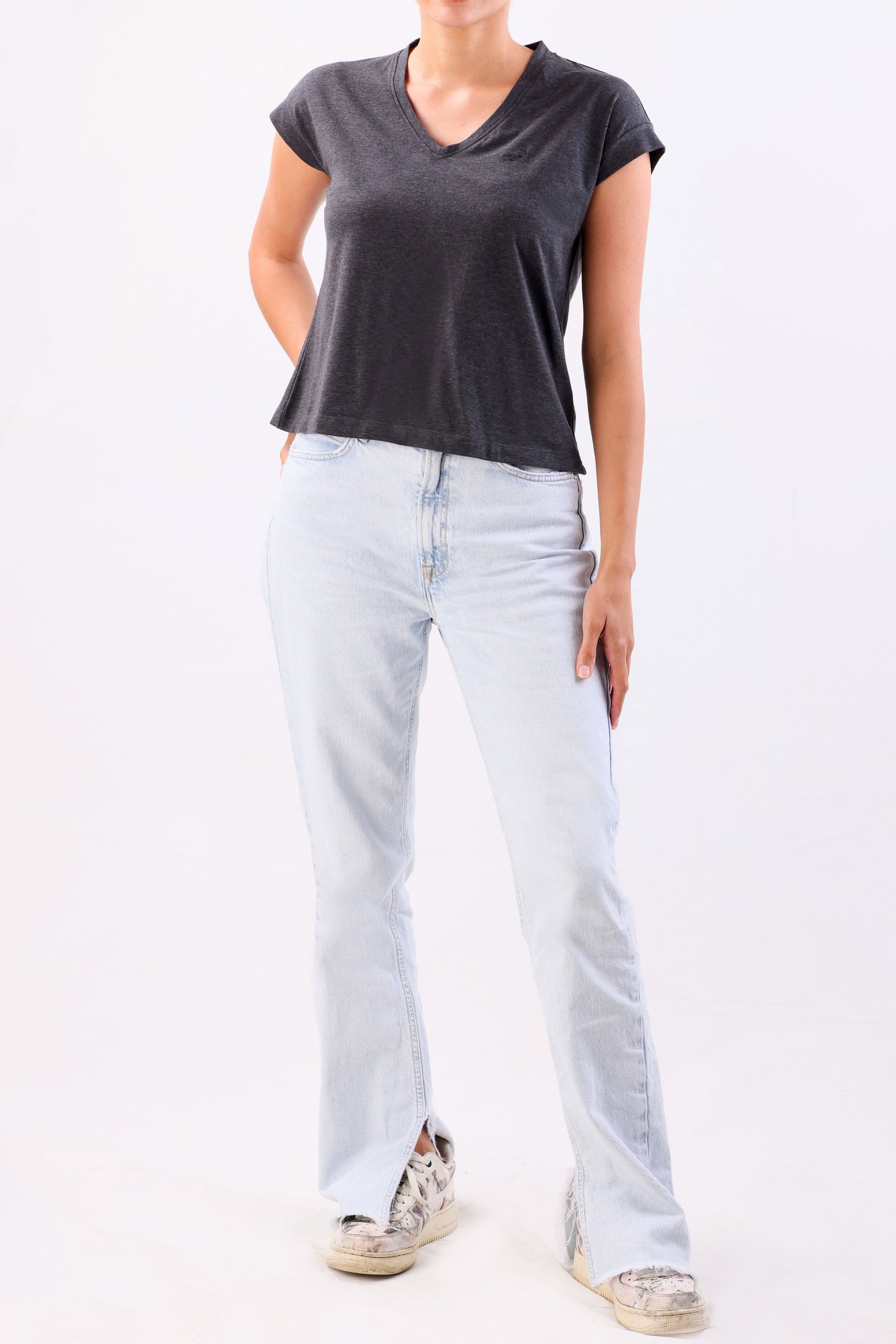 Crocodile Single Jersey V Neck Top-Cloud Burst