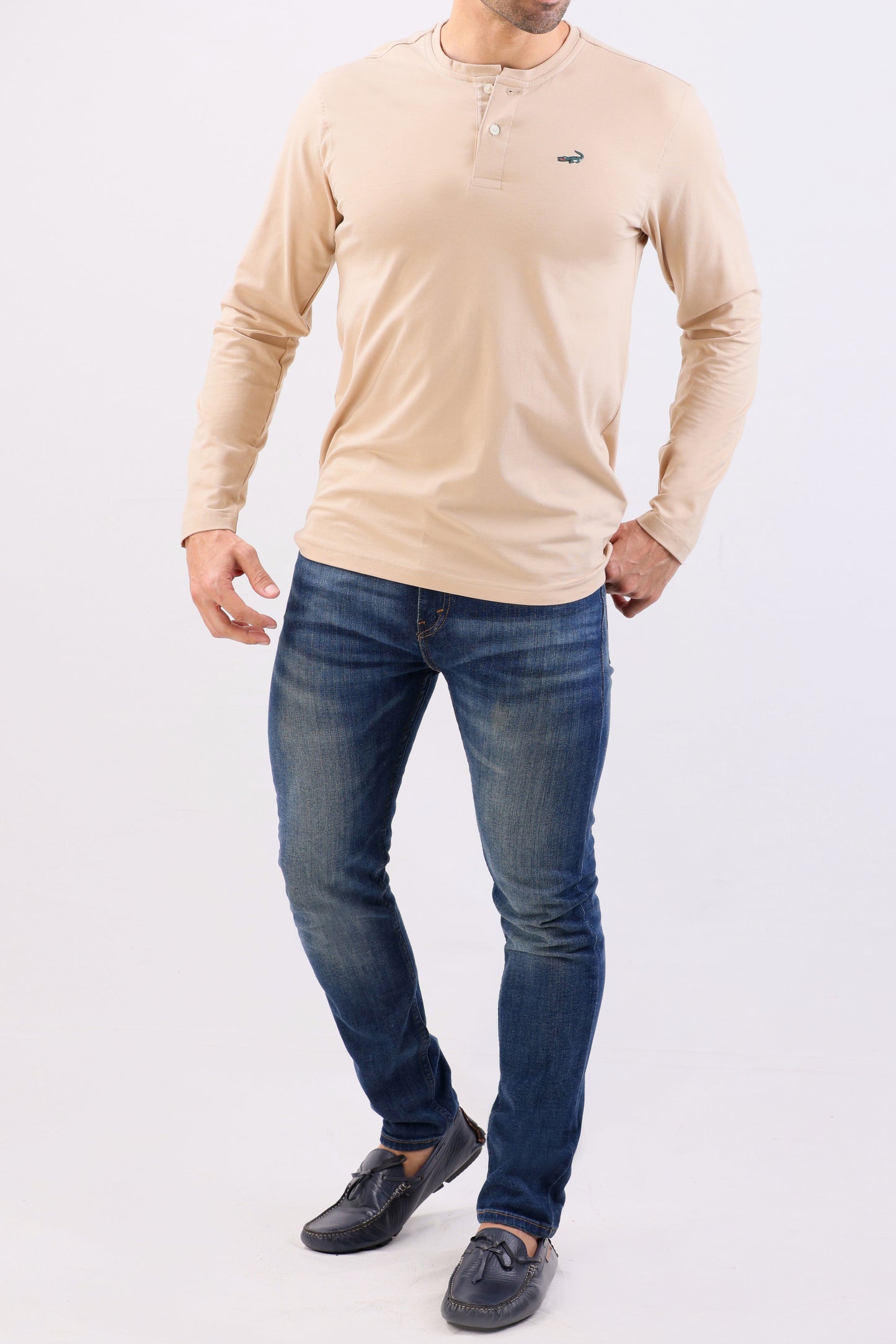 Crocodile Crew Neck Single Jersey Slim Fit-Beige