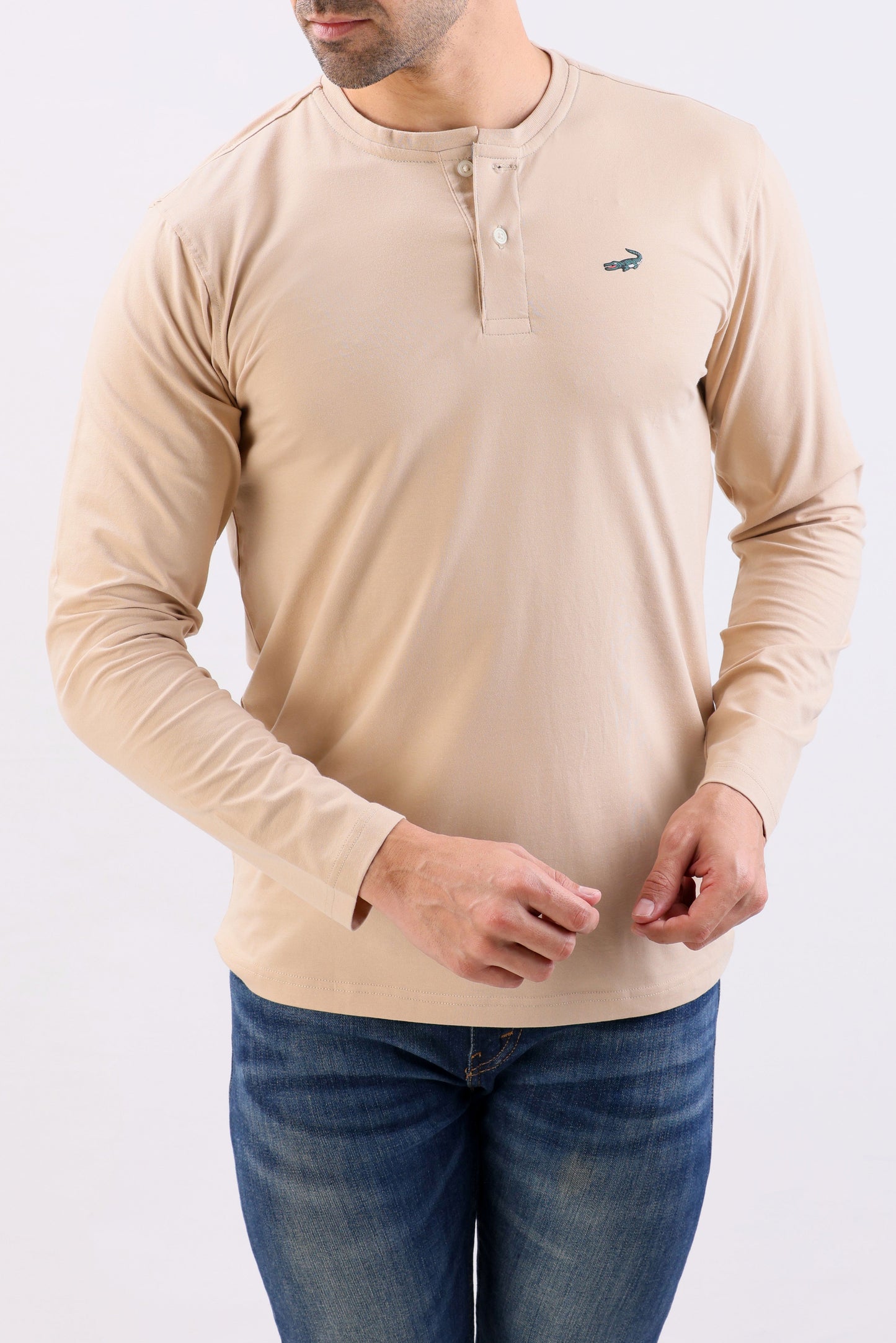 Crocodile Crew Neck Single Jersey Slim Fit-Beige