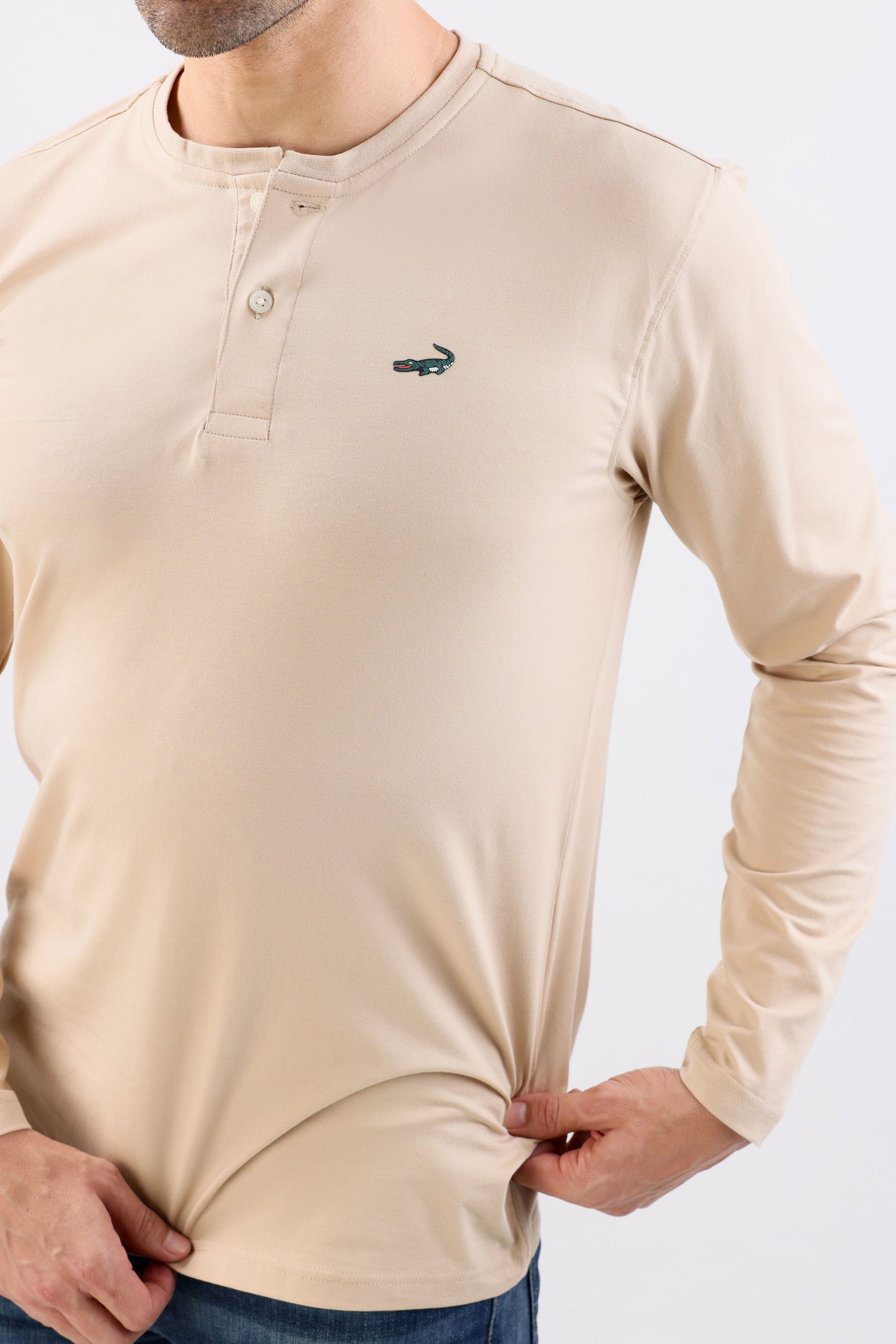 Crocodile Crew Neck Single Jersey Slim Fit-Beige