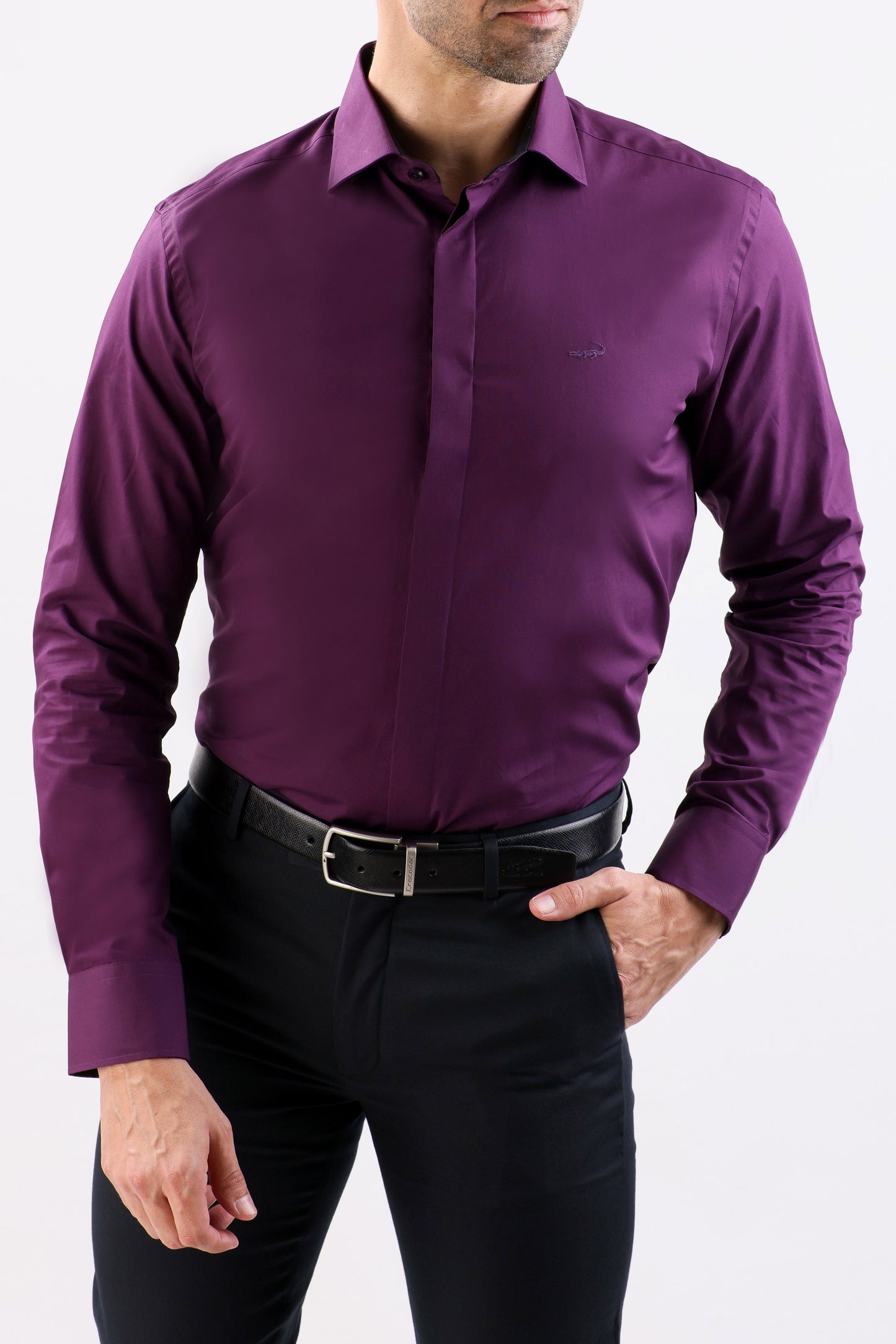 Crocodile Plain Slim Fit Evening Shirt-Purple Majesty