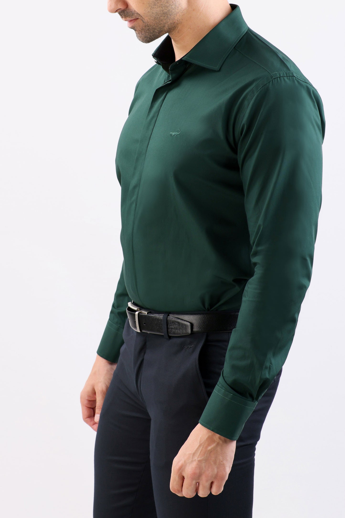 Crocodile Plain Slim Fit Evening Shirt-Green Storm