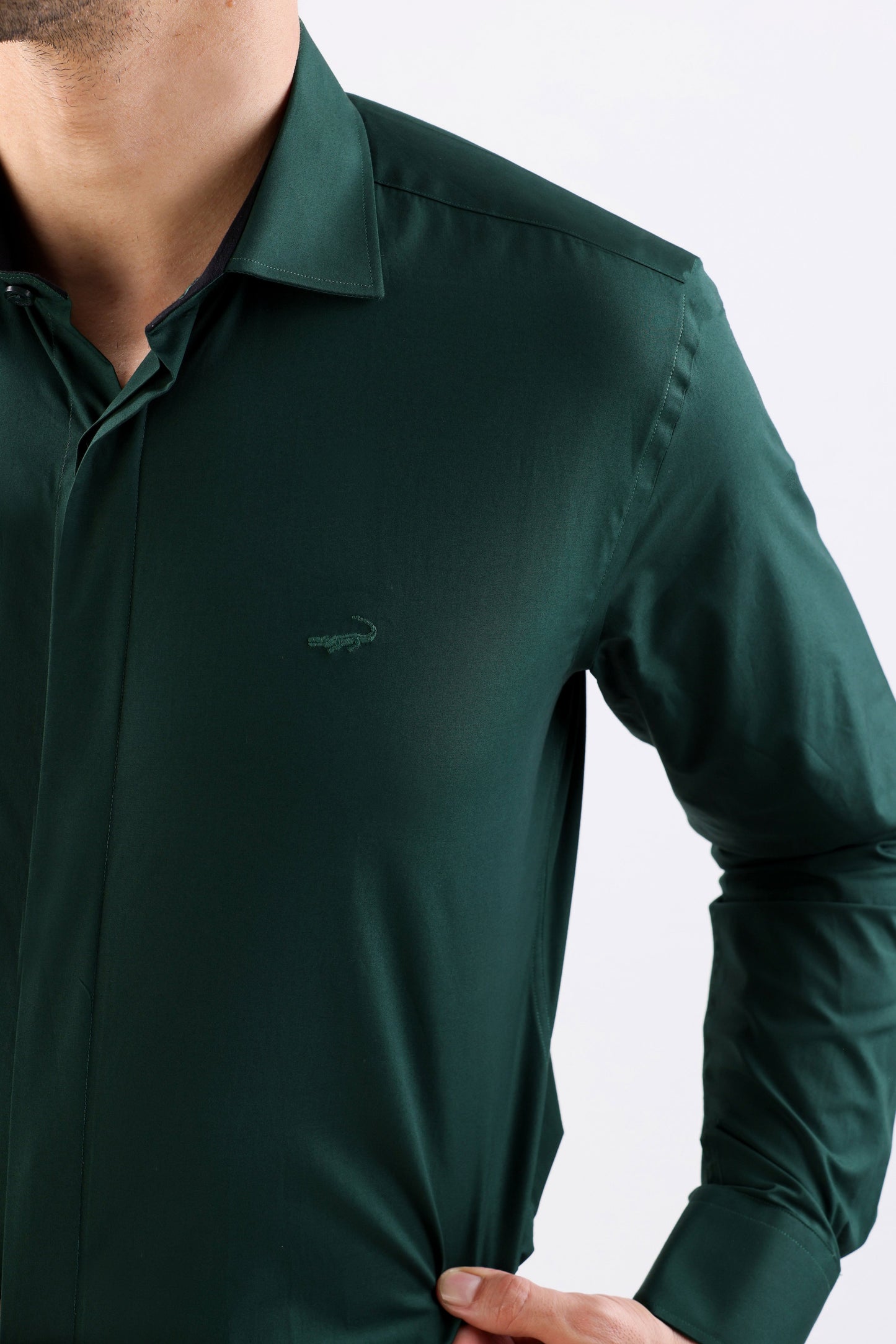 Crocodile Plain Slim Fit Evening Shirt-Green Storm