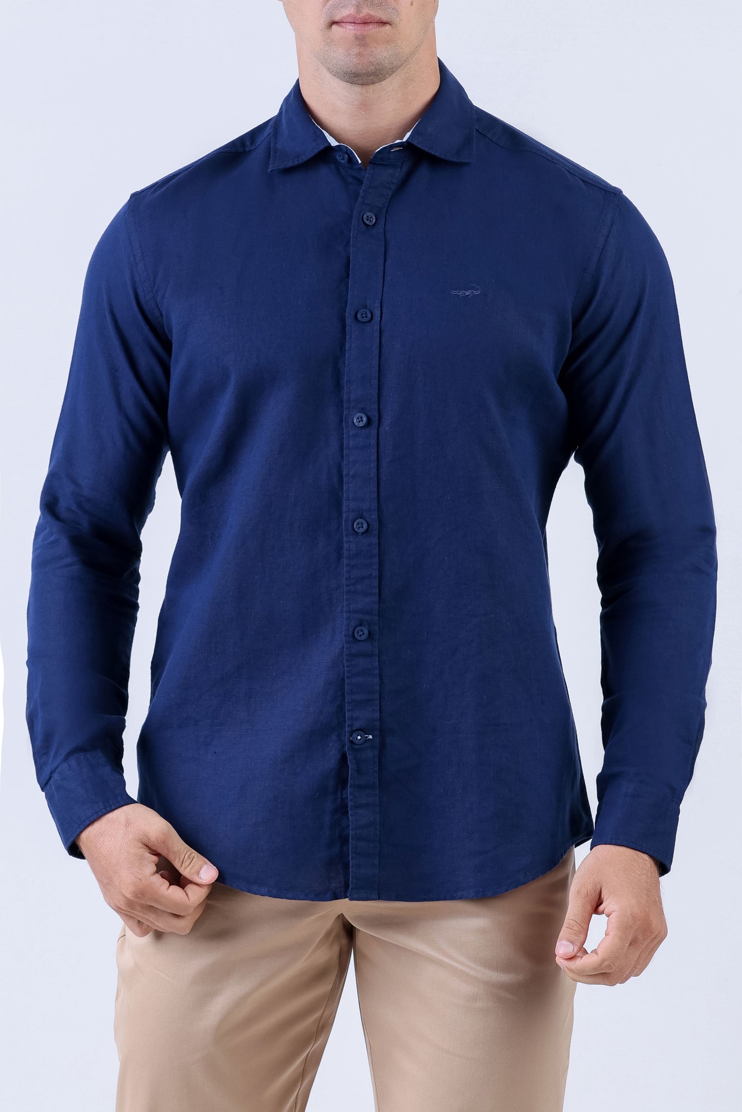 Crocodile Men Linen Plain Slim Fit Shirt - Dark Denim