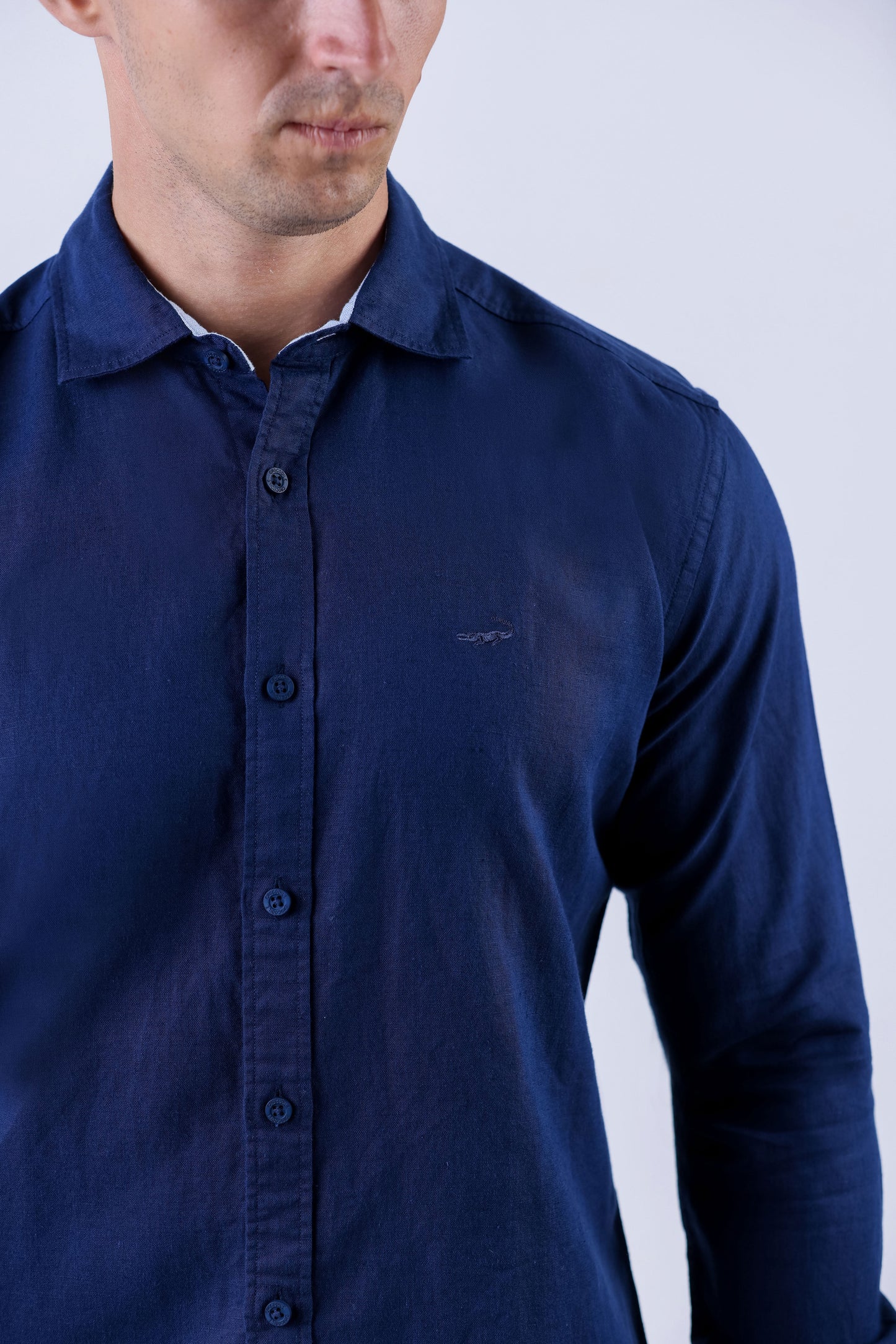 Crocodile Men Linen Plain Slim Fit Shirt - Dark Denim