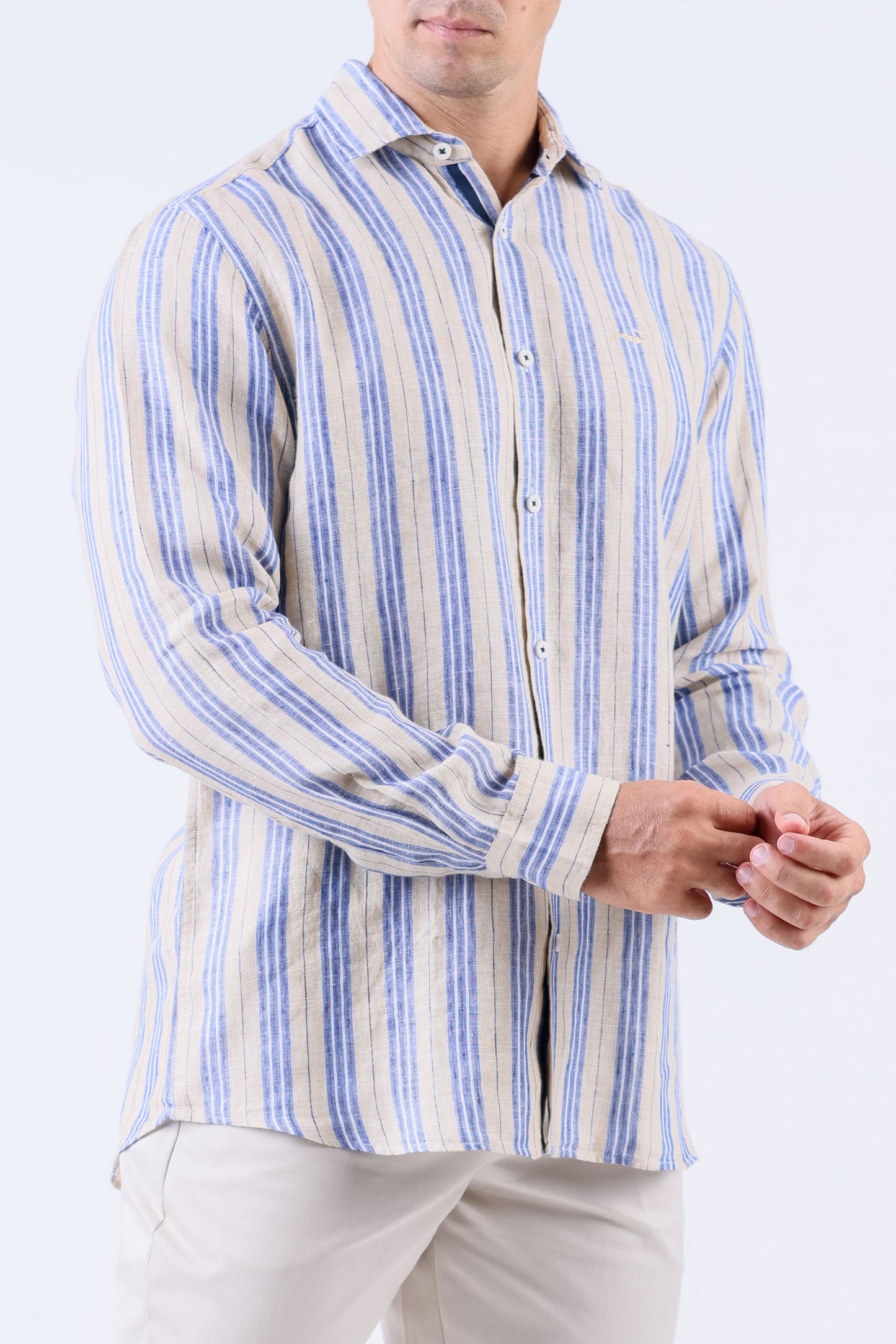 Crocodile Men Stripe Regular Fit Linen Shirt - Brown Doeskin