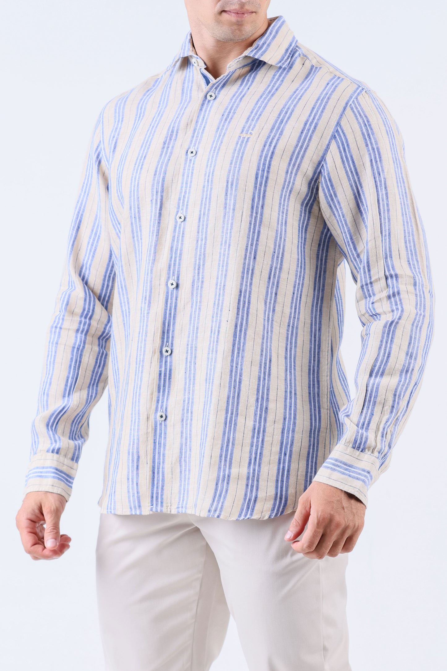 Crocodile Men Stripe Regular Fit Linen Shirt - Brown Doeskin