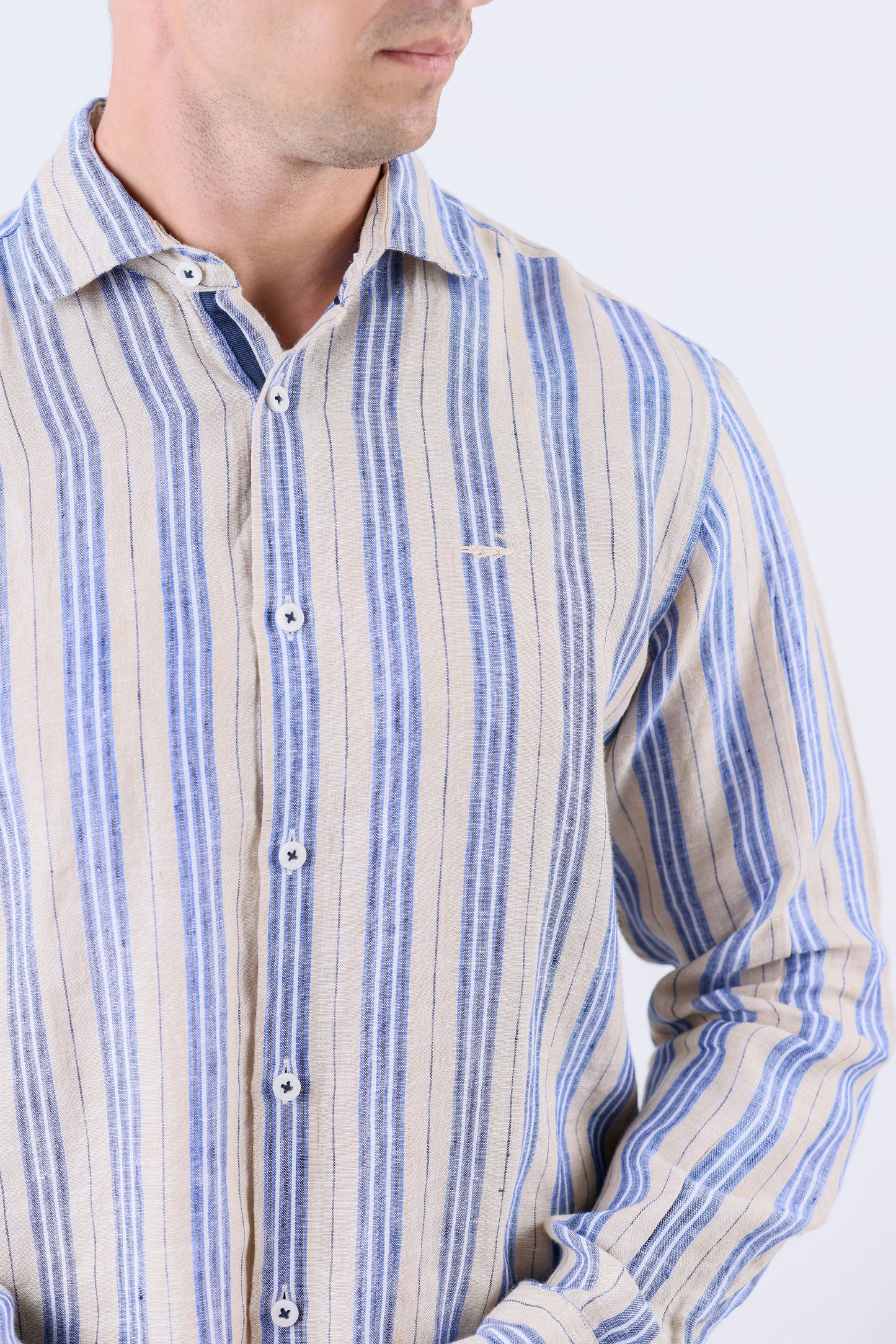 Crocodile Men Stripe Regular Fit Linen Shirt - Brown Doeskin