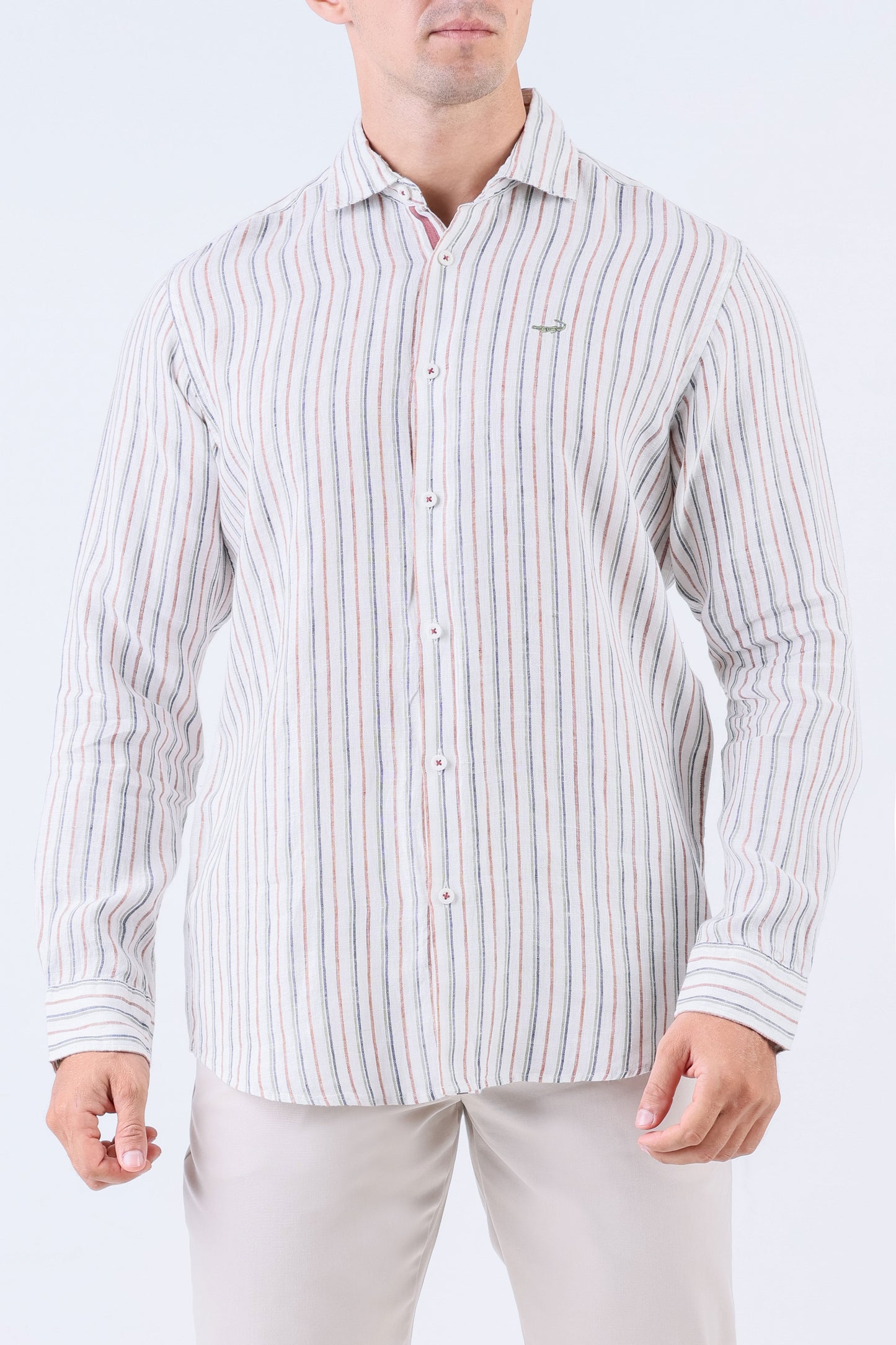 Crocodile Men Stripe Regular Fit Linen Shirt - Brown Sequoia