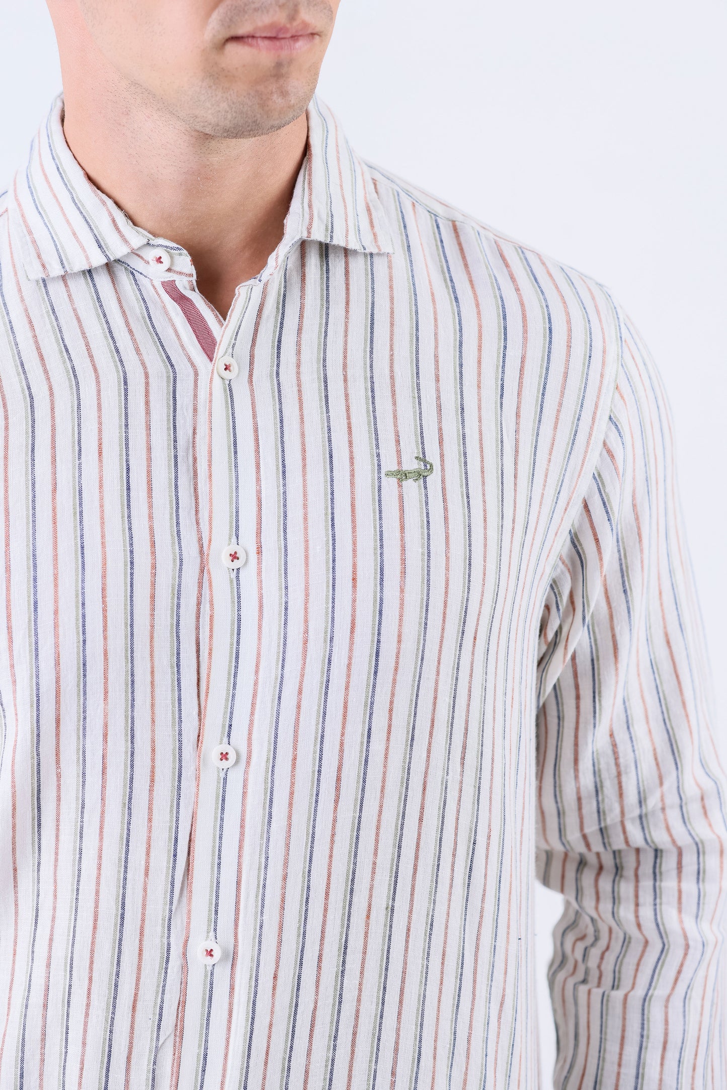 Crocodile Men Stripe Regular Fit Linen Shirt - Brown Sequoia