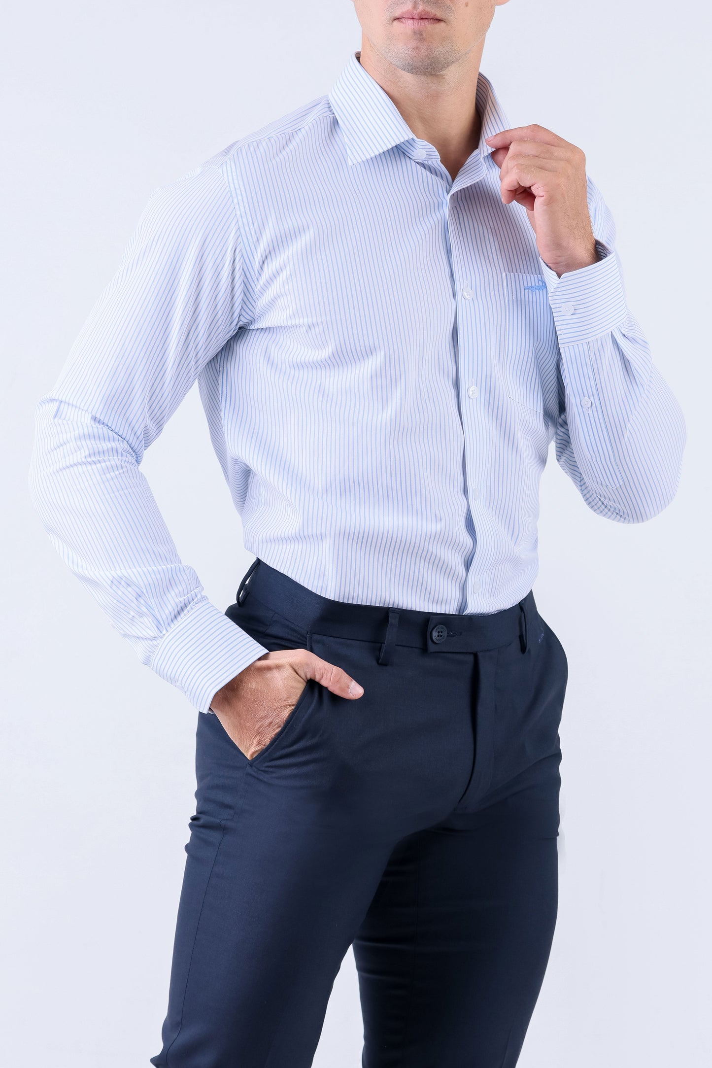 Crocodile Men Formal Seasonal Stripe Slim Fit Shirt - Cashmere Blue