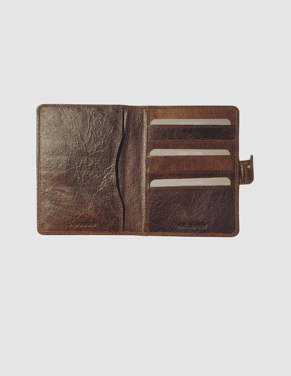 Brown Leather Travel Wallet with Snap Closure