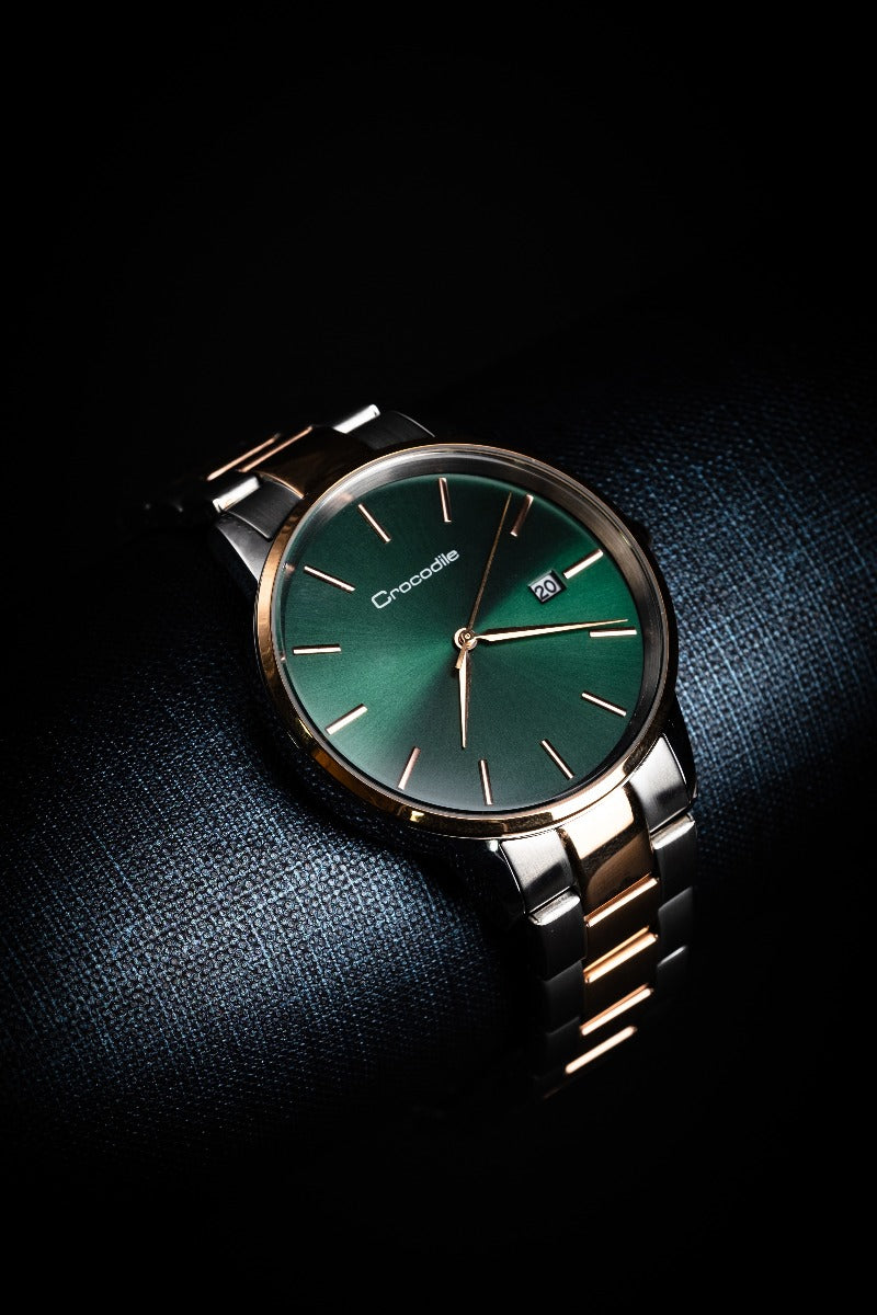 Silver and Gold Watch With Green Dial