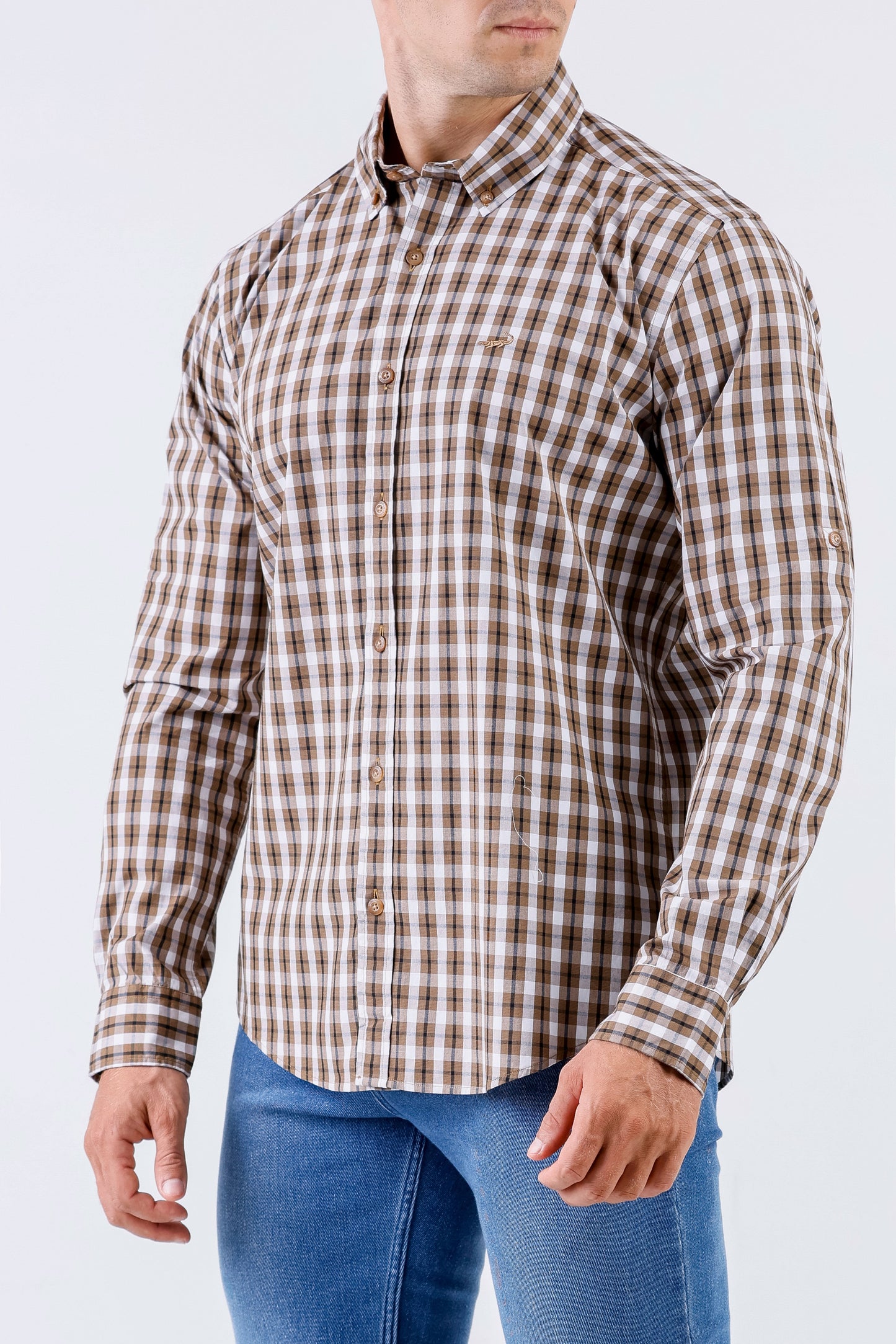 Crocodile Men Casual Checks Slim Fit Shirt - Brown Rawhide