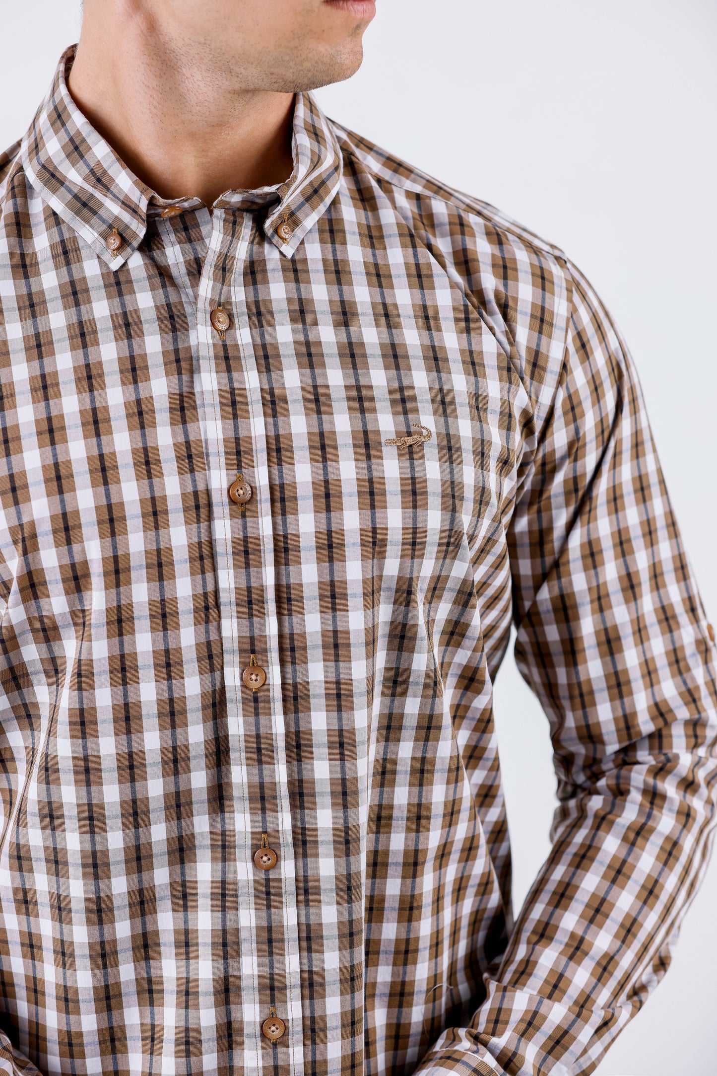 Crocodile Men Casual Checks Slim Fit Shirt - Brown Rawhide