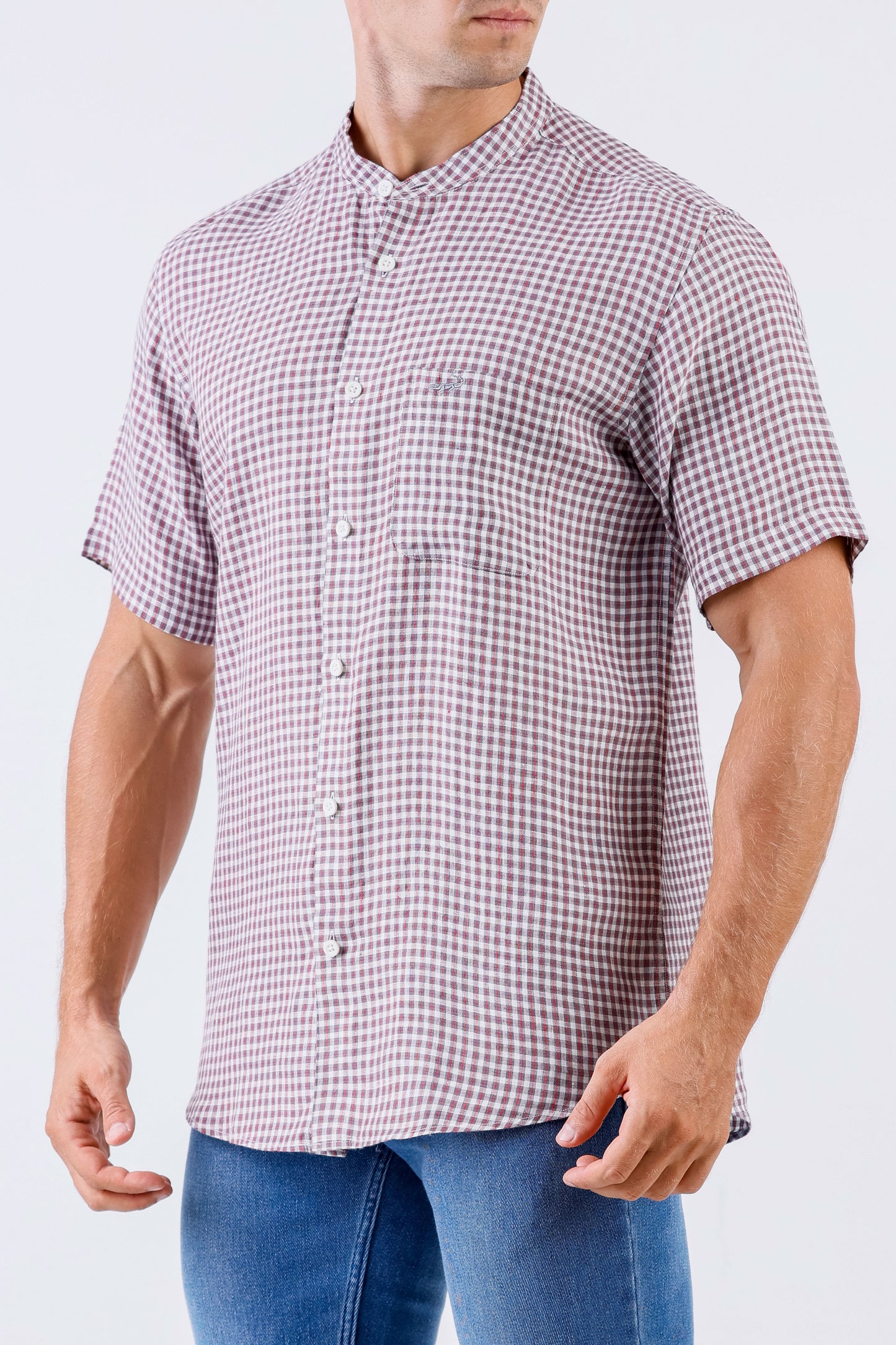 Crocodile Men Checks Leisure Fit Linen Shirt - Crimson