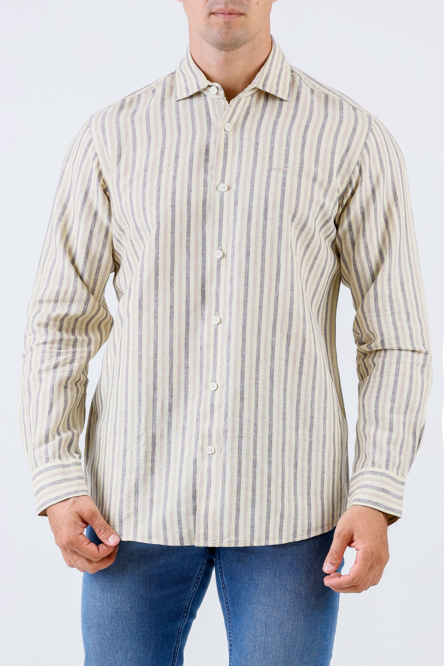 Crocodile Men Stripe Regular Fit Linen Shirt - Sheepskin