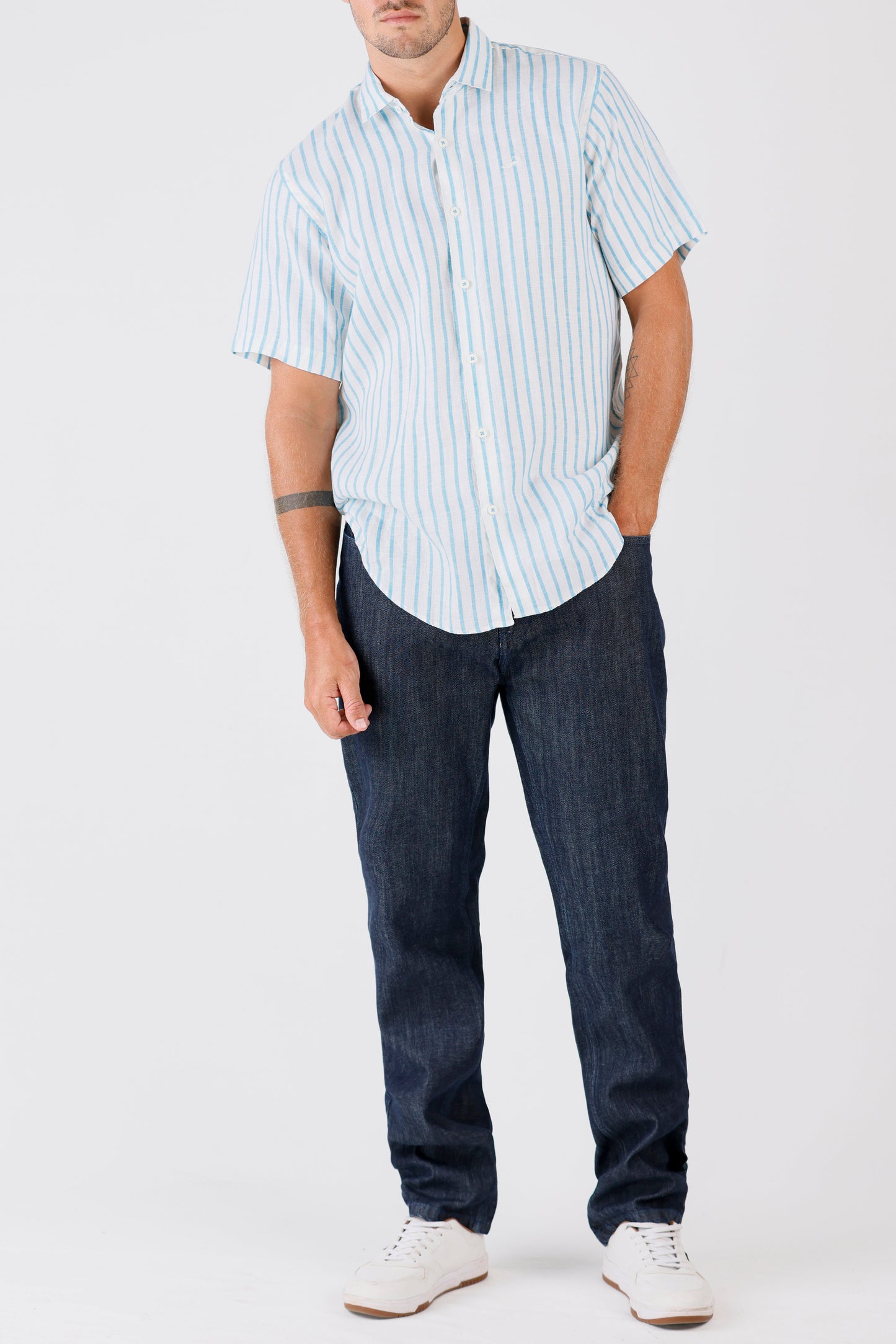 Crocodile Semi Casual Regular Fit Hs Linen Shirt Blue - Blue Mist