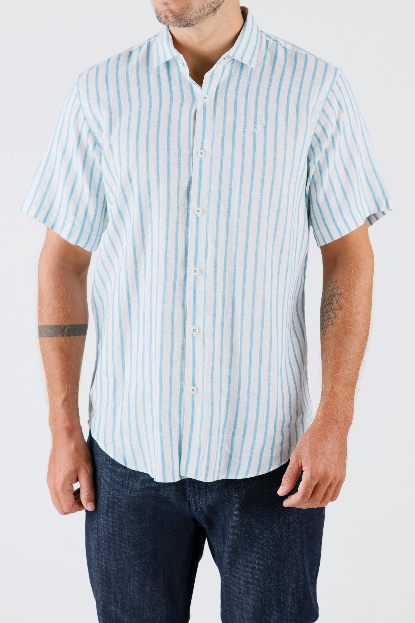 Crocodile Semi Casual Regular Fit Hs Linen Shirt Blue - Blue Mist
