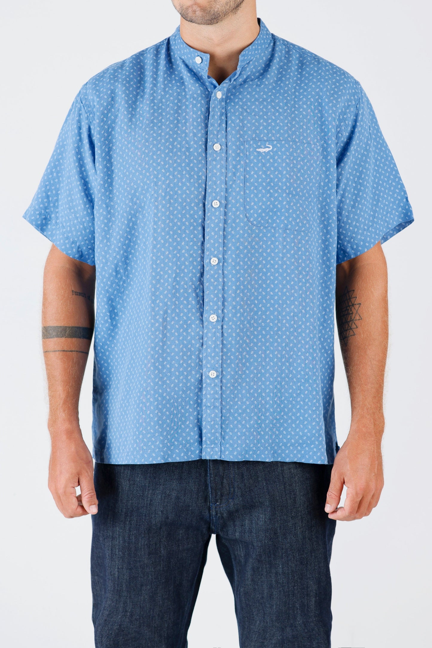 Crocodile Mens Leisure Fit Hs Linen Shirt Mediterranian Blue